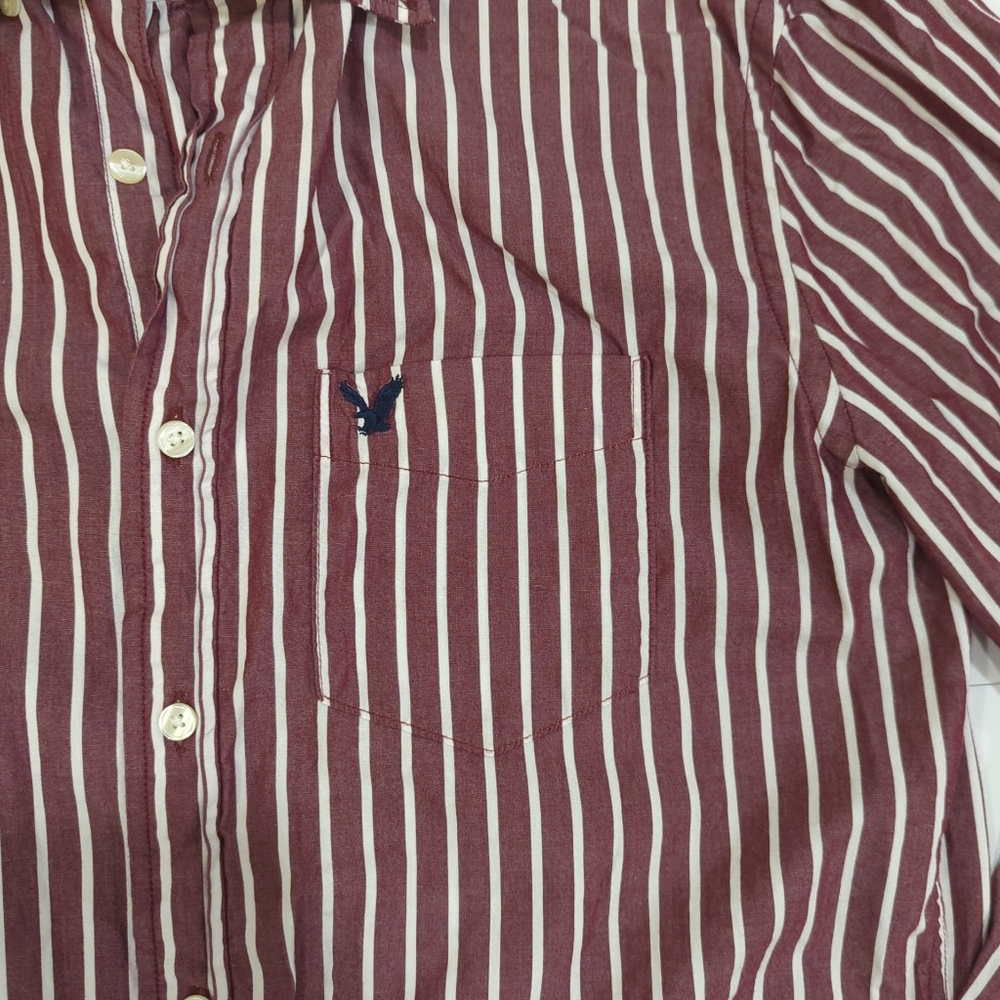 American Eagle Burgundy & White Striped Button Down Shirt - Mens Size Small - Picture 5 of 11
